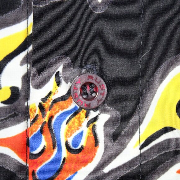 Rusty Surf Flamed Hibiscus Black Button Up Short Sleeve Shirt Mens XL All Over - Picture 4 of 9